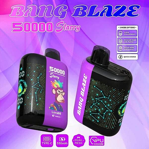 Bang Blaze 50000 Puffs Starry 50K Love66 disposable vape, dual view showing LED-style display, Type-C charging, 550mAh battery, dual mesh, and VPU inside