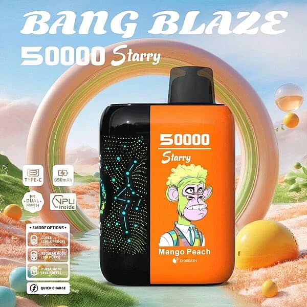 Bang Blaze 50000 Puffs Starry 50K Mango Peach disposable vape with LED-style display, Type-C charging, 550mAh battery, dual mesh, VPU inside, and quick charge