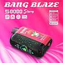 Bang Blaze 50000 Puffs Starry 50K Peach Ice disposable vape shown in horizontal view with LED-style display, Type-C charging, 550mAh battery, dual mesh, VPU inside, and quick charge