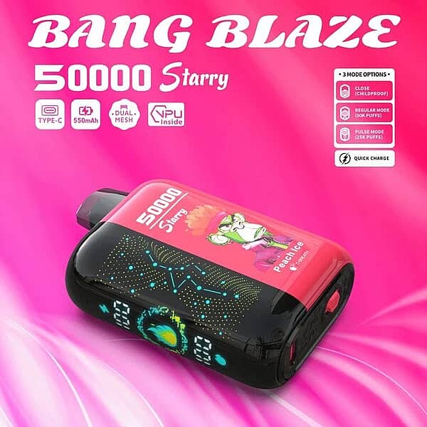 Bang Blaze 50000 Puffs Starry 50K Peach Ice disposable vape shown in horizontal view with LED-style display, Type-C charging, 550mAh battery, dual mesh, VPU inside, and quick charge