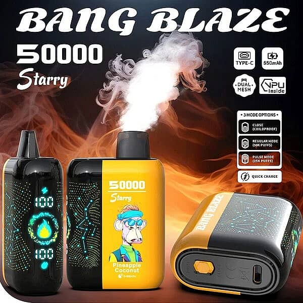 Bang Blaze 50000 Puffs Starry 50K Pineapple Coconut disposable vape with vapor cloud, LED-style display, Type-C charging, 550mAh battery, dual mesh, VPU inside, and quick charge