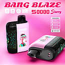 Bang Blaze 50000 Puffs Starry 50K Strawberry Mango disposable vape shown upright and side view on pink background, featuring LED-style display, Type-C charging, 550mAh battery, dual mesh, VPU inside, and 3-mode settings with quick charge