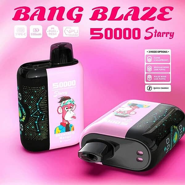 Bang Blaze 50000 Puffs Starry 50K Strawberry Mango disposable vape shown upright and side view on pink background, featuring LED-style display, Type-C charging, 550mAh battery, dual mesh, VPU inside, and 3-mode settings with quick charge