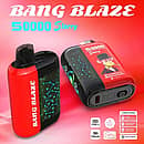 Bang Blaze 50000 Puffs Starry 50K Strawberry Watermelon disposable vape shown upright and side view on red background, featuring Starry LED-style display, Type-C charging, 550mAh battery, dual mesh, VPU inside, and 3-mode options with quick charge