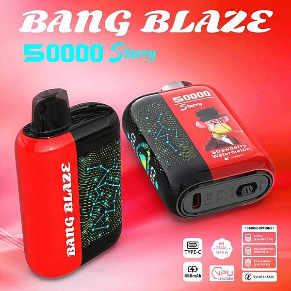 Bang Blaze 50000 Puffs Starry 50K Strawberry Watermelon disposable vape shown upright and side view on red background, featuring Starry LED-style display, Type-C charging, 550mAh battery, dual mesh, VPU inside, and 3-mode options with quick charge