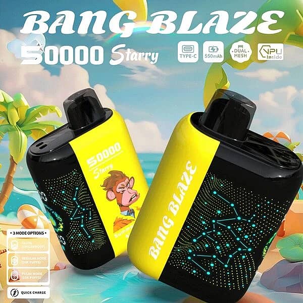 Bang Blaze 50000 Puffs Starry 50K Summer Time disposable vape shown in two angled views with yellow panel design, Starry LED-style display, Type-C charging, 550mAh battery, dual mesh, VPU inside, and 3-mode options with quick charge