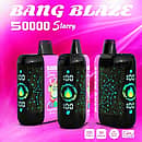 Bang Blaze 50000 Puffs Starry 50K Triple Berry disposable vape shown in three views with Starry LED-style screen, Type-C charging, 550mAh battery, dual mesh, and VPU inside