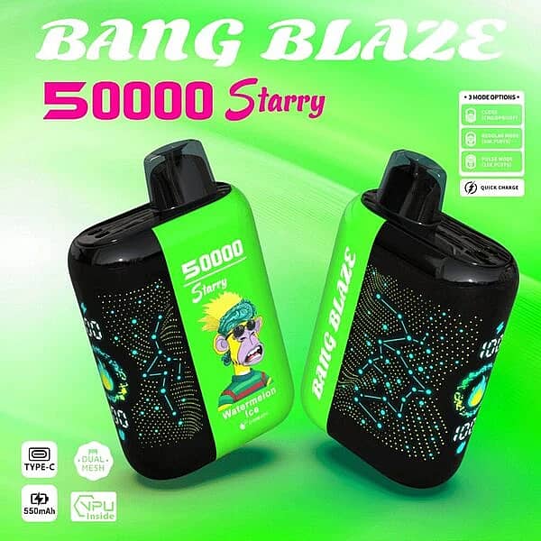 Bang Blaze 50000 Puffs Starry 50K Watermelon Ice disposable vape shown in two angles with Starry LED-style screen, Type-C charging, 550mAh battery, dual mesh, and VPU inside
