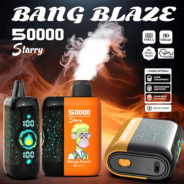 Bang Blaze 50000 Puffs Starry 50K disposable vape (Mango Peach) with dual mesh, Type-C fast charging, and 550mAh battery