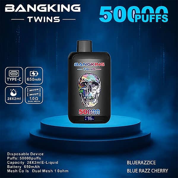 Bang King Twins 50000 Puffs disposable vape device in Blue Razz Ice flavor with Blue Razz Cherry twin e-liquid, Type-C charging and 650mAh battery