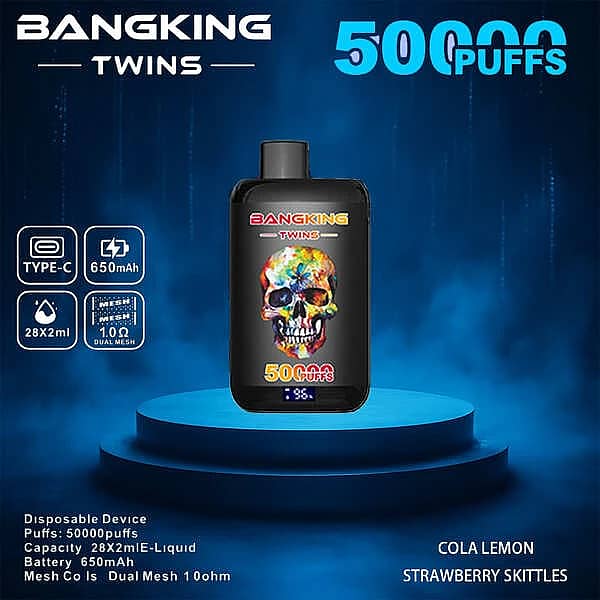 Bang King Twins 50000 Puffs disposable vape device in Cola Lemon flavor with Strawberry Skittles twin e-liquid, Type-C charging, 650mAh battery, and 28&times;2ml capacity