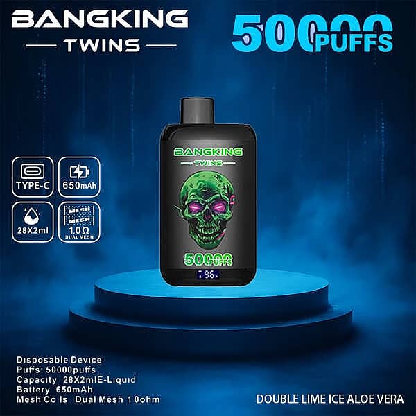 Bang King Twins 50000 Puffs disposable vape device in Double Lime Ice flavor with Aloe Vera twin e-liquid, featuring Type-C charging, 650mAh battery, 28&times;2ml capacity, and dual mesh 1.0&Omega; coil