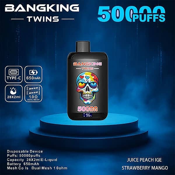 Bang King Twins 50000 Puffs disposable vape device with Juice Peach Ice and Strawberry Mango twin-flavor e-liquid, featuring Type-C charging, 650mAh battery, 28&times;2ml capacity, and dual mesh 1.0&Omega; coil
