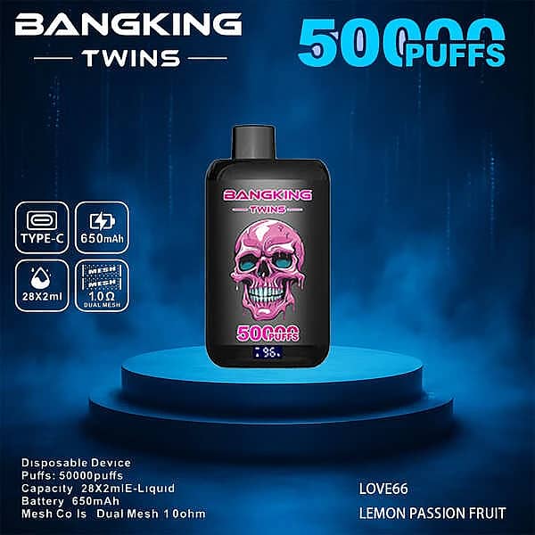 Bang King Twins 50000 Puffs disposable vape device in Love66 colorway with Lemon Passion Fruit twin-flavor e-liquid, featuring Type-C charging, 650mAh battery, 28&times;2ml capacity, and dual mesh 1.0&Omega; coil
