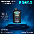 Bang King Twins 50000 Puffs disposable vape device in Peacg Guava colorway with Strawberry Sakura Grape twin-flavor e-liquid, featuring Type-C charging, 650mAh battery, 28&times;2ml capacity, and dual mesh 1.0&Omega; coil