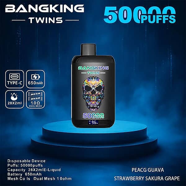 Bang King Twins 50000 Puffs disposable vape device in Peacg Guava colorway with Strawberry Sakura Grape twin-flavor e-liquid, featuring Type-C charging, 650mAh battery, 28&times;2ml capacity, and dual mesh 1.0&Omega; coil