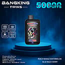 Bang King Twins 50000 Puffs disposable vape device with Peach Mango Watermelon and Blue Razz Cherry twin-flavor e-liquid, featuring Type-C charging, 650mAh battery, 28&times;2ml capacity, and dual mesh 1.0&Omega; coil