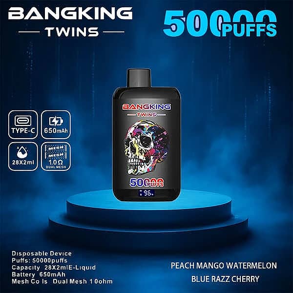 Bang King Twins 50000 Puffs disposable vape device with Peach Mango Watermelon and Blue Razz Cherry twin-flavor e-liquid, featuring Type-C charging, 650mAh battery, 28&times;2ml capacity, and dual mesh 1.0&Omega; coil