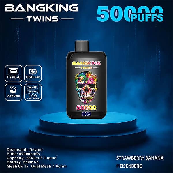 Bang King Twins 50000 Puffs disposable vape device in Strawberry Banana and Heisenberg flavor pairing, with Type-C charging, 650mAh battery, 28&times;2ml capacity, and dual mesh 1.0&Omega; coil