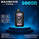 Bang King Twins 50000 Puffs disposable vape device with Strawberry Watermelon and Strawberry Ice Cream flavor pairing, featuring Type-C charging, 650mAh battery, 28&times;2ml capacity, and dual mesh 1.0&Omega; coil