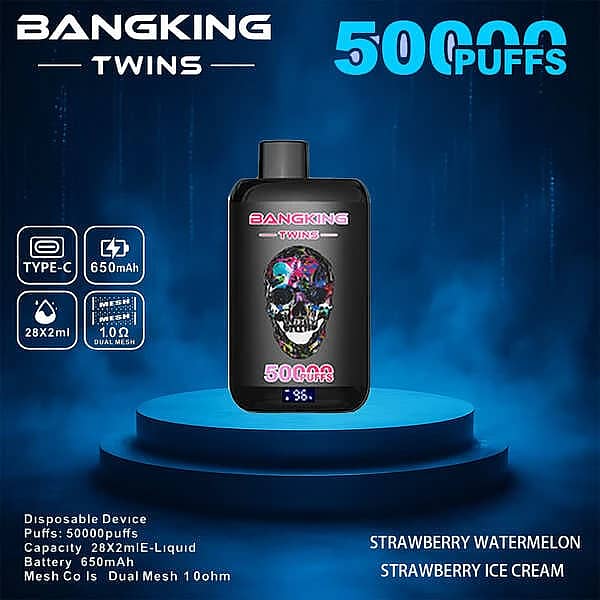 Bang King Twins 50000 Puffs disposable vape device with Strawberry Watermelon and Strawberry Ice Cream flavor pairing, featuring Type-C charging, 650mAh battery, 28&times;2ml capacity, and dual mesh 1.0&Omega; coil