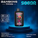 Bang King Twins 50000 Puffs disposable vape device with Super Cool Lychee and Pink Man flavor pairing, featuring Type-C charging, 650mAh battery, 28&times;2ml capacity, and dual mesh 1.0&Omega; coil