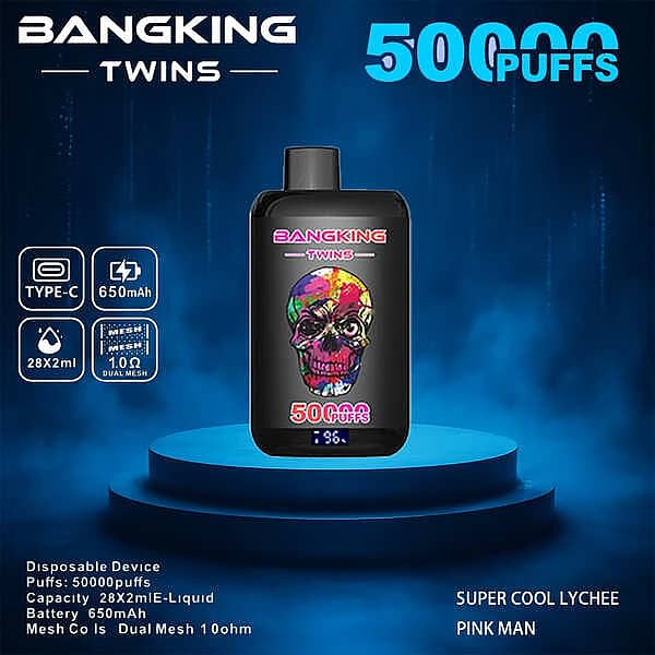 Bang King Twins 50000 Puffs disposable vape device with Super Cool Lychee and Pink Man flavor pairing, featuring Type-C charging, 650mAh battery, 28&times;2ml capacity, and dual mesh 1.0&Omega; coil