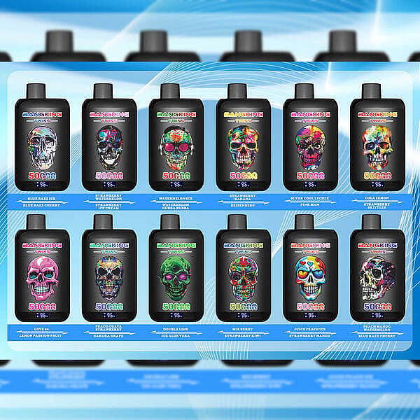 Bang King Twins 50000 Puffs flavor chart showing 12 designs and 12 flavor combinations for the twin rechargeable disposable vape