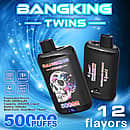 Bang King Twins 50000 Puffs rechargeable disposable vape with dual mesh coils, Type-C charging, 650mAh battery, and 12 flavor options