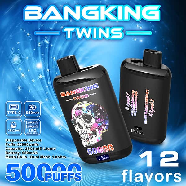Bang King Twins 50000 Puffs rechargeable disposable vape with dual mesh coils, Type-C charging, 650mAh battery, and 12 flavor options