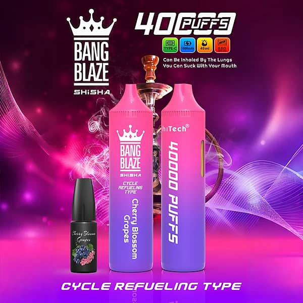 Bang Blaze 40K Refillable Vape (Shisha) cycle refueling type, Cherry Blossom Grapes, Type-C rechargeable, 40K puffs