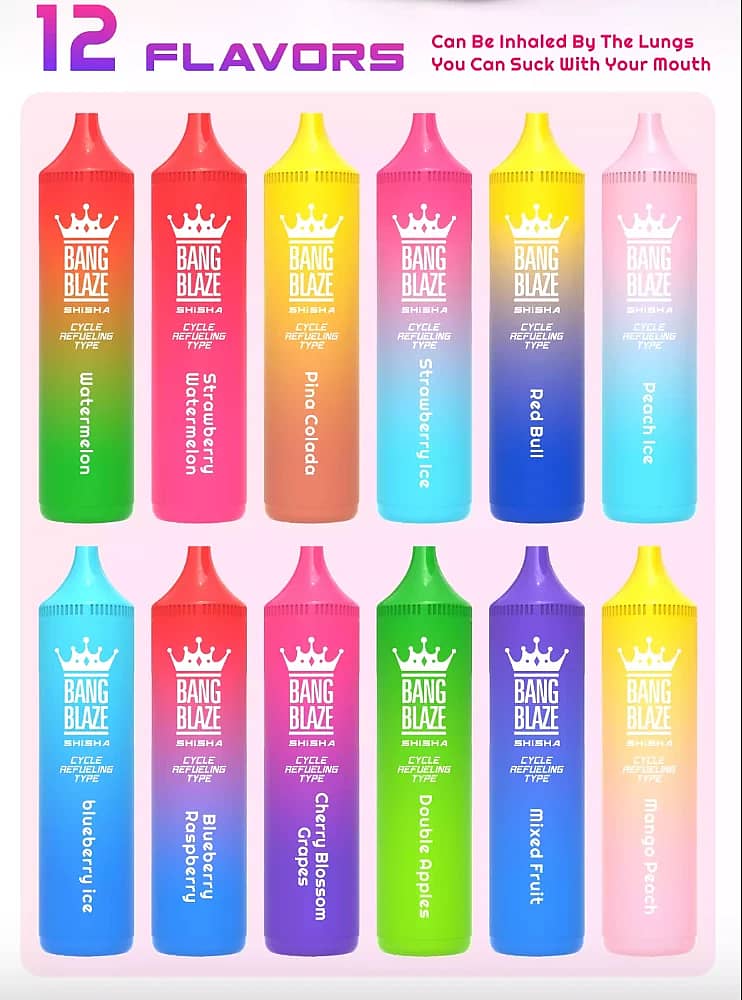 Bang Blaze 40K Refillable Vape 12 flavors lineup chart showing Watermelon, Strawberry Watermelon, Pina Colada, Strawberry Ice, Red Bull, Peach Ice, Blueberry Ice, Blueberry Raspberry, Cherry Blossom Grapes, Double Apples, Mixed Fruit, Mango Peach
