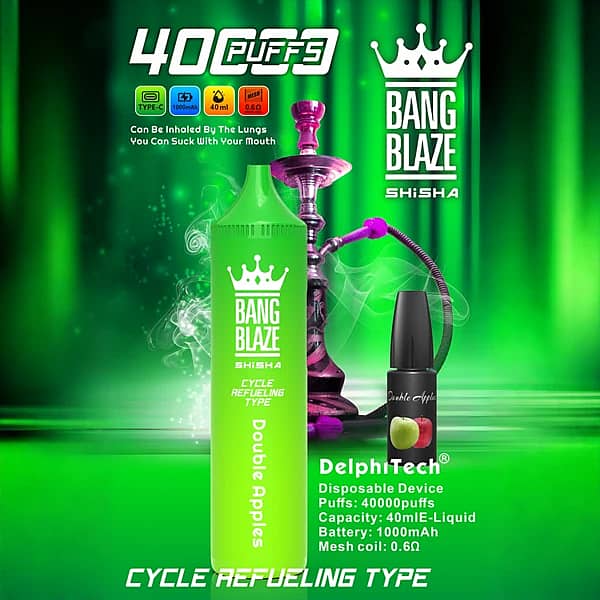 Bang Blaze 40K Refillable Vape (Shisha) cycle refueling type, Double Apples, Type-C rechargeable, 40K puffs, 40ml e-liquid