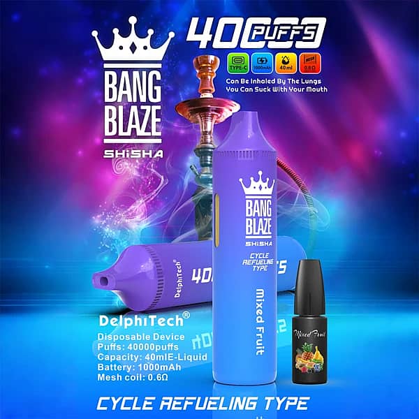 Bang Blaze 40K Refillable Vape (Shisha) cycle refueling type, Mixed Fruit, Type-C rechargeable, 40K puffs, 40ml e-liquid
