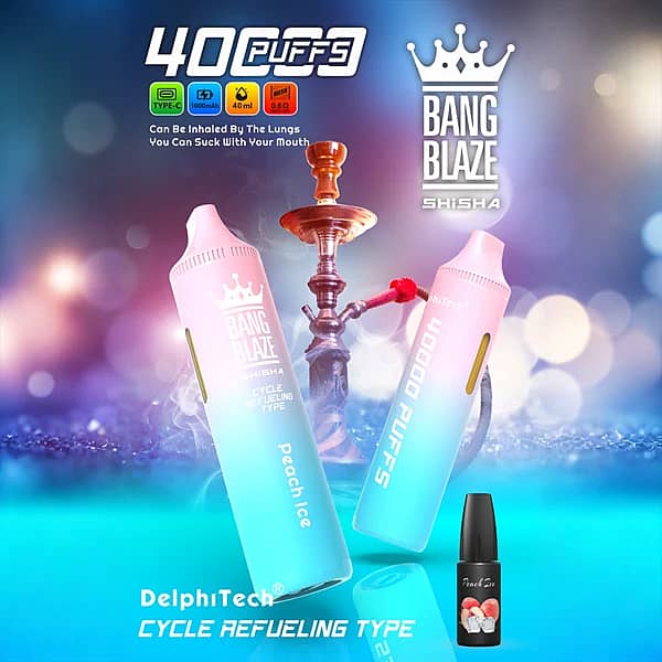 Bang Blaze 40K Refillable Vape (Shisha) cycle refueling type, Peach Ice, Type-C rechargeable, 40K puffs, 40ml e-liquid