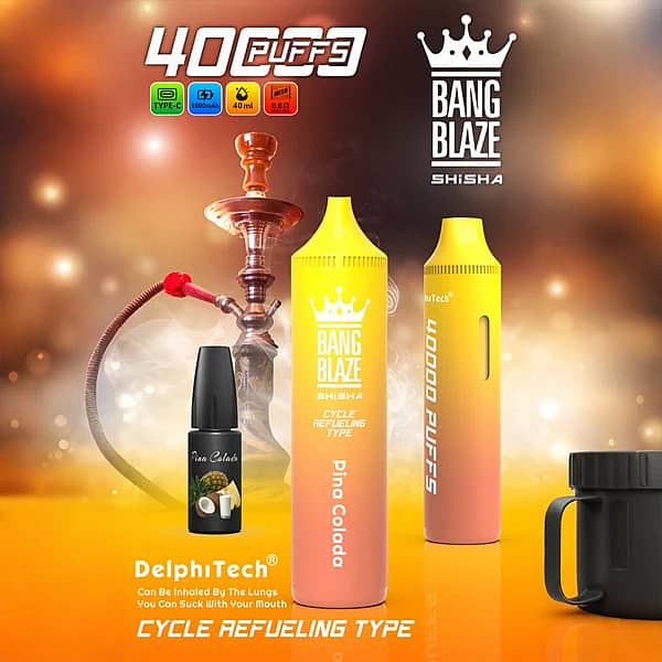 Bang Blaze 40K Refillable Vape (Shisha) cycle refueling type, Pina Colada, Type-C rechargeable, 40K puffs, 40ml e-liquid