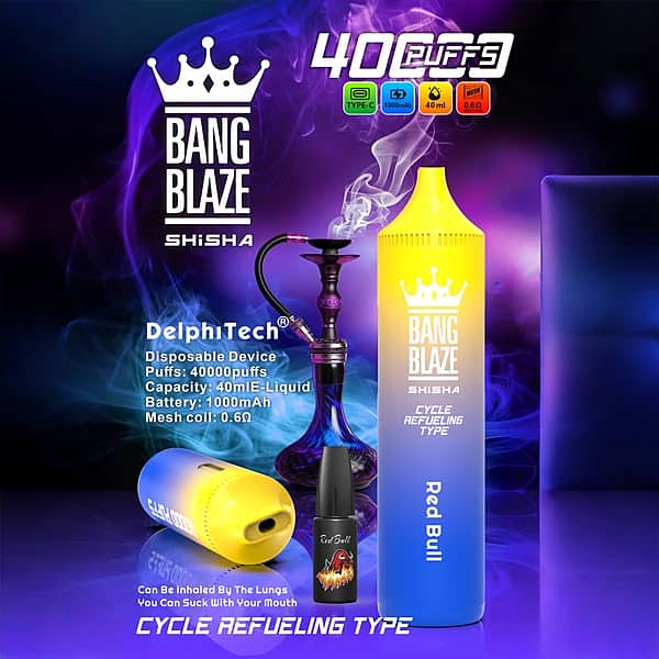 Bang Blaze 40K Refillable Vape (Shisha) cycle refueling type, Red Bull, Type-C rechargeable, 40K puffs, 40ml e-liquid