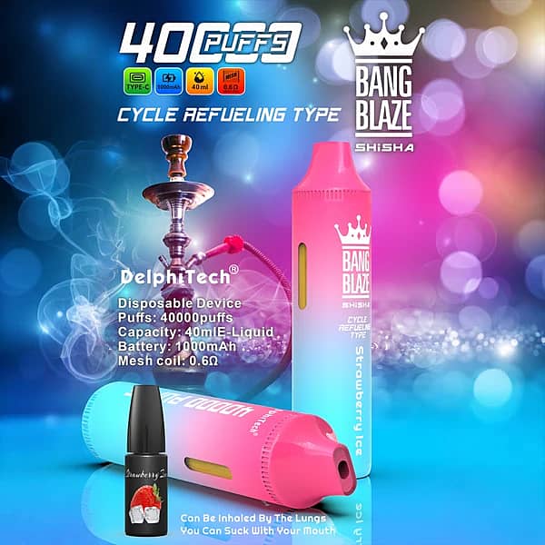 Bang Blaze 40K Refillable Vape (Shisha) cycle refueling type, Strawberry Ice, Type-C rechargeable, 40K puffs, 40ml e-liquid