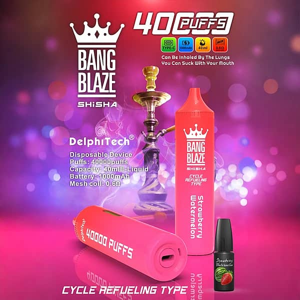 Bang Blaze 40K Refillable Vape (Shisha) cycle refueling type, Strawberry Watermelon, Type-C rechargeable, 40K puffs, 40ml e-liquid