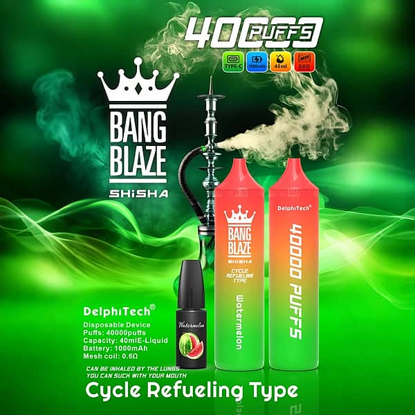Bang Blaze 40K Refillable Vape (Shisha) cycle refueling type, Watermelon, Type-C rechargeable, 40K puffs, 40ml e-liquid