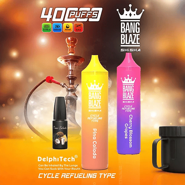 Bang Blaze 40K Refillable Vape (Shisha) cycle refueling type, Pina Colada and Cherry Blossom Grapes, Type-C rechargeable, 40ml