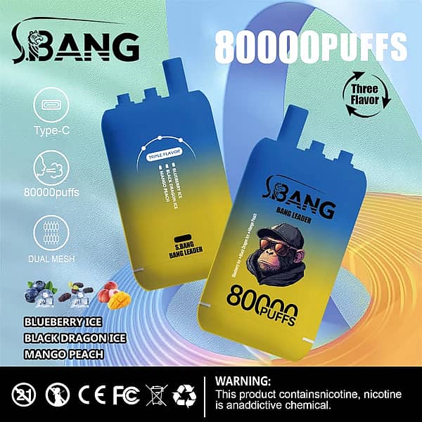 Bang Leader 80000 Puffs disposable vape, three-flavor option: Blueberry Ice, Black Dragon Ice, Mango Peach