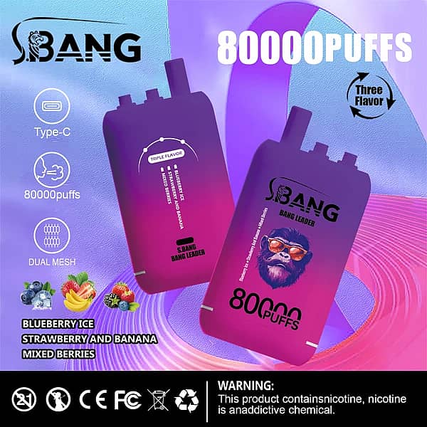 Bang Leader 80000 Puffs disposable vape, three-flavor option: Blueberry Ice, Strawberry Banana, Mixed Berries