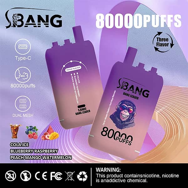 Bang Leader 80000 Puffs disposable vape, three-flavor option: Cola Ice, Blueberry Raspberry, Peach Mango Watermelon