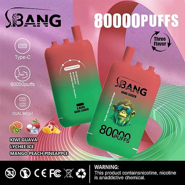 Bang Leader 80000 Puffs disposable vape, three-flavor option: Kiwi Guava, Lychee Ice, Mango Peach Pineapple