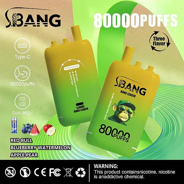 Bang Leader 80000 Puffs disposable vape, three-flavor option: Red Bull, Blueberry Watermelon, Apple Pear