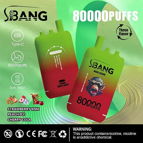 Bang Leader 80000 Puffs disposable vape, three-flavor option: Strawberry Kiwi, Peach Ice, Cherry Cola