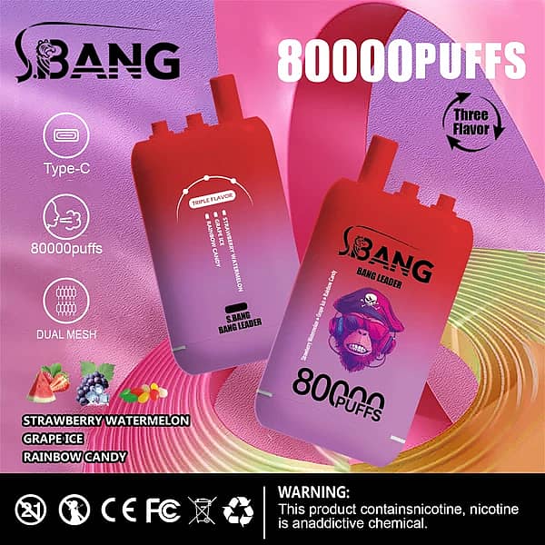Bang Leader 80000 Puffs disposable vape, three-flavor option: Strawberry Watermelon, Grape Ice, Rainbow Candy