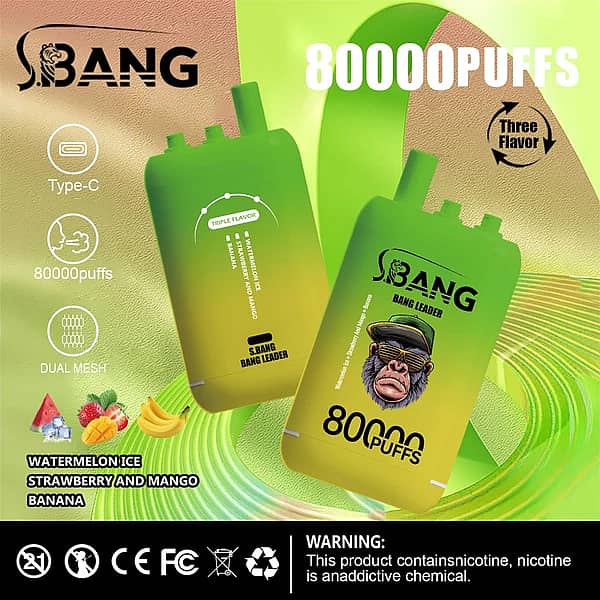 Bang Leader 80000 Puffs disposable vape, three-flavor option: Watermelon Ice, Strawberry Mango, Banana