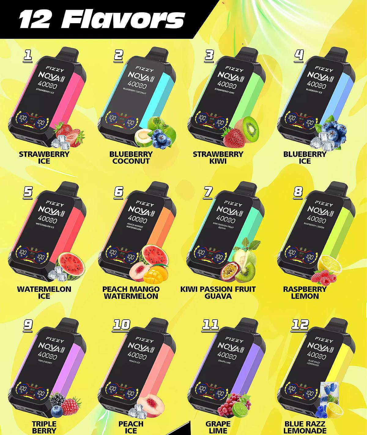 Fizzy Nova 40000 Puffs disposable vape - 12 saveurs pour Nova Plus incluant Strawberry Ice, Blue Razz Lemonade, et plus.